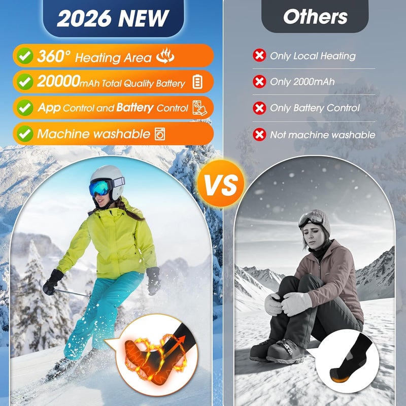 JYew AI Heated Socks for Men Women,20000mAh Rechargeable Battery Electric Socks Up to 16 Hours Washable Heating Socks for Camping Skiing Motorcycle Driving Hiking Outdoor Working (Black) - Image 4